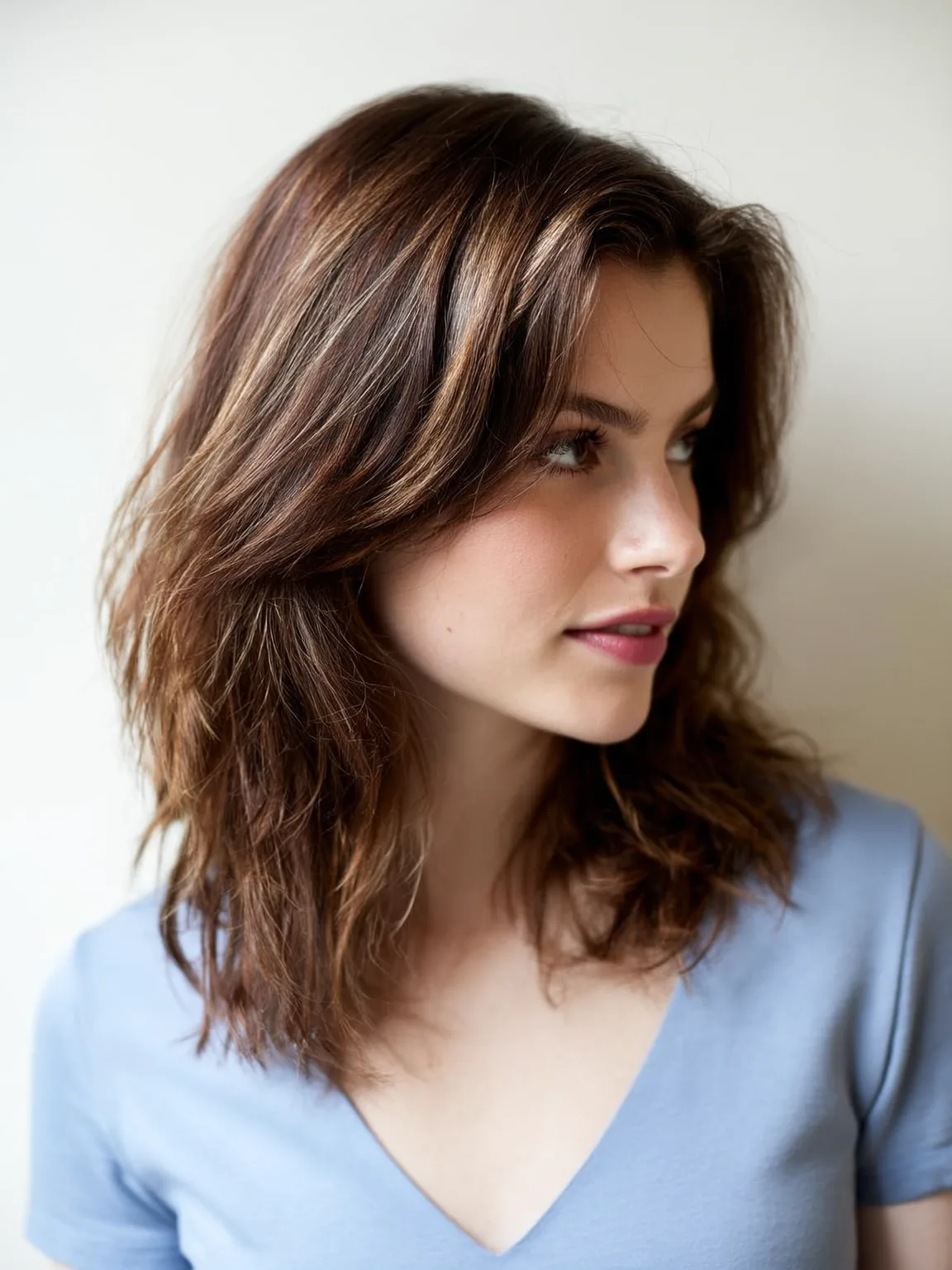Warm Chestnut Layers with Golden Highlights and Side-Swept Bangs